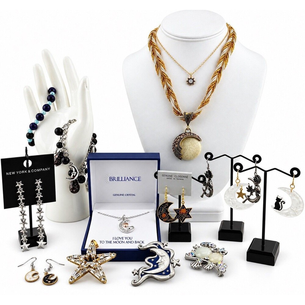 Celestial Jewelry Lot Stars Moon Sun Owls Brooch Necklace Earrings Bracelet